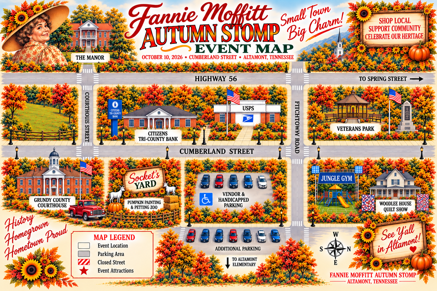 Fannie Moffitt Autumn Stomp vendor spot map showing all four areas: Cumberland Street, Courthouse Street, Veterans Park, and Fitchtown Road